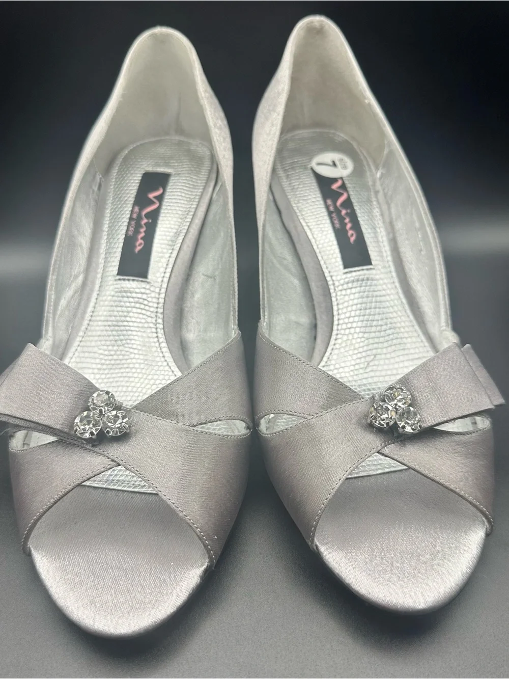 Nina Silver Satin Peep-Toe Flats with Crystal Bow Accent